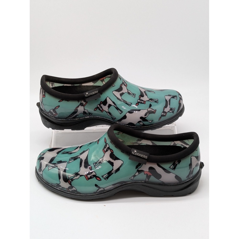 Sloggers Womens Garden Shoes Size 7 Teal Cow Print Slip On Made in USA